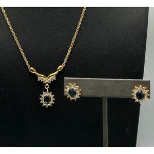 Vintage Roman Necklace Earrings Set Gold Tone Blue Stone Halo Setting